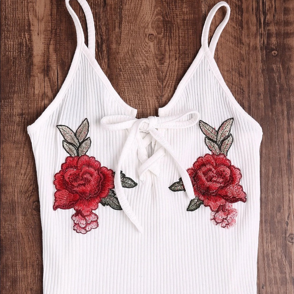 Rose Embroidered Patch Lace Up Ribbed Cami Top